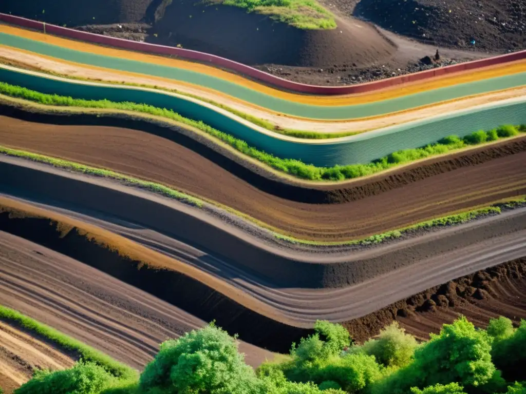 Un vertedero con capas de desechos, colores y texturas, reflejando la urgencia de reciclar