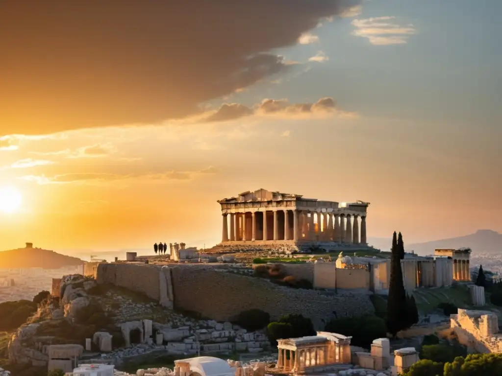 Un viaje filosófico por Atenas: atardecer sobre la Acropolis, filósofos en profunda reflexión, y la belleza eterna de la historia y la filosofía