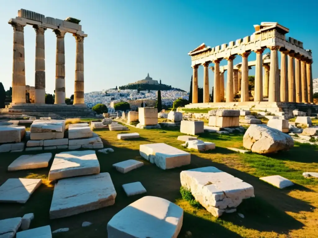 Viaje filosófico por Atenas: Ruinas de la Agora con columnas de mármol desgastadas, sombras dramáticas y la imponente Acropolis al fondo