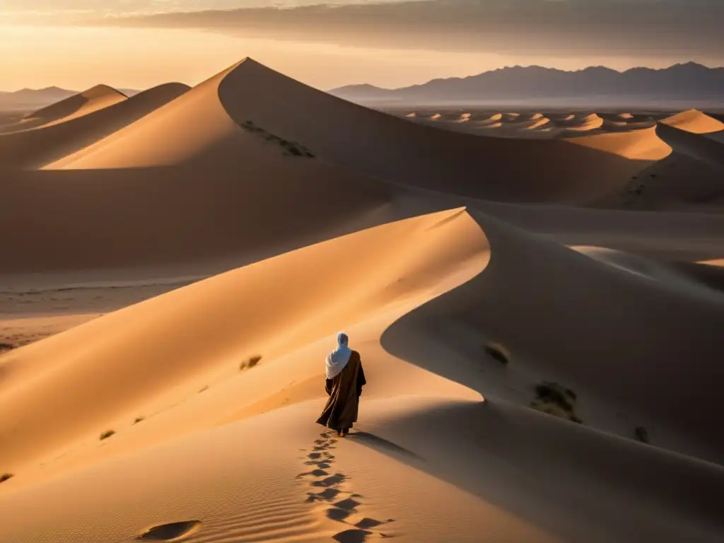 Un viaje del héroe espiritual sufí contemplando el atardecer en el vasto desierto, envuelto en serenidad y misterio