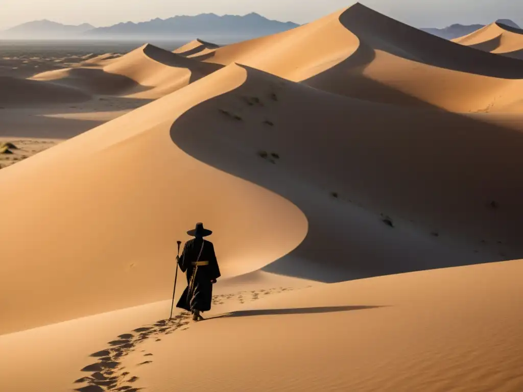Un viaje del héroe espiritual sufí: un solitario caminante en un paisaje desértico iluminado por el sol, con un aura de sabiduría y misticismo