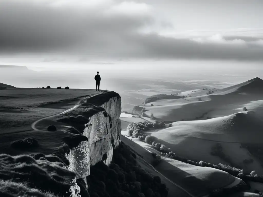 Un viajero solitario reflexiona en el borde de un acantilado, contemplando el paisaje envuelto en neblina