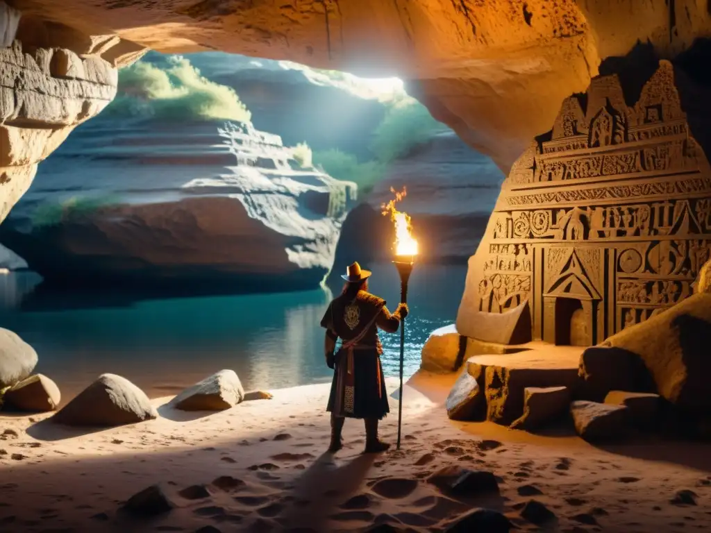 Un viajero solitario en la entrada de una misteriosa cueva, con luz solar entrando y sombras dramáticas en las antiguas paredes