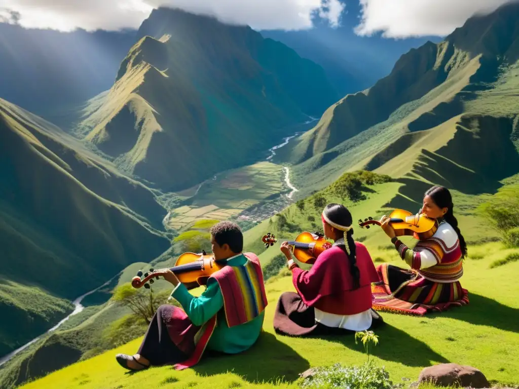 Vibrante actuación de un conjunto musical andino en la montaña, destacando la importancia de la música andina en la cultura