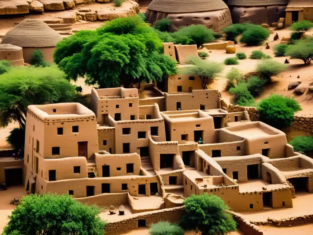 Vibrante aldea Dogon en Mali, con arquitectura de barro y graneros antiguos, refleja la influencia filosófica y cosmovisión Dogon