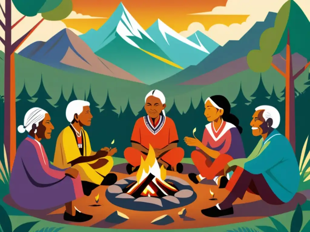 Una ilustración vibrante de ancianos indígenas contando historias alrededor de una fogata, rodeados de naturaleza exuberante y montañas altas