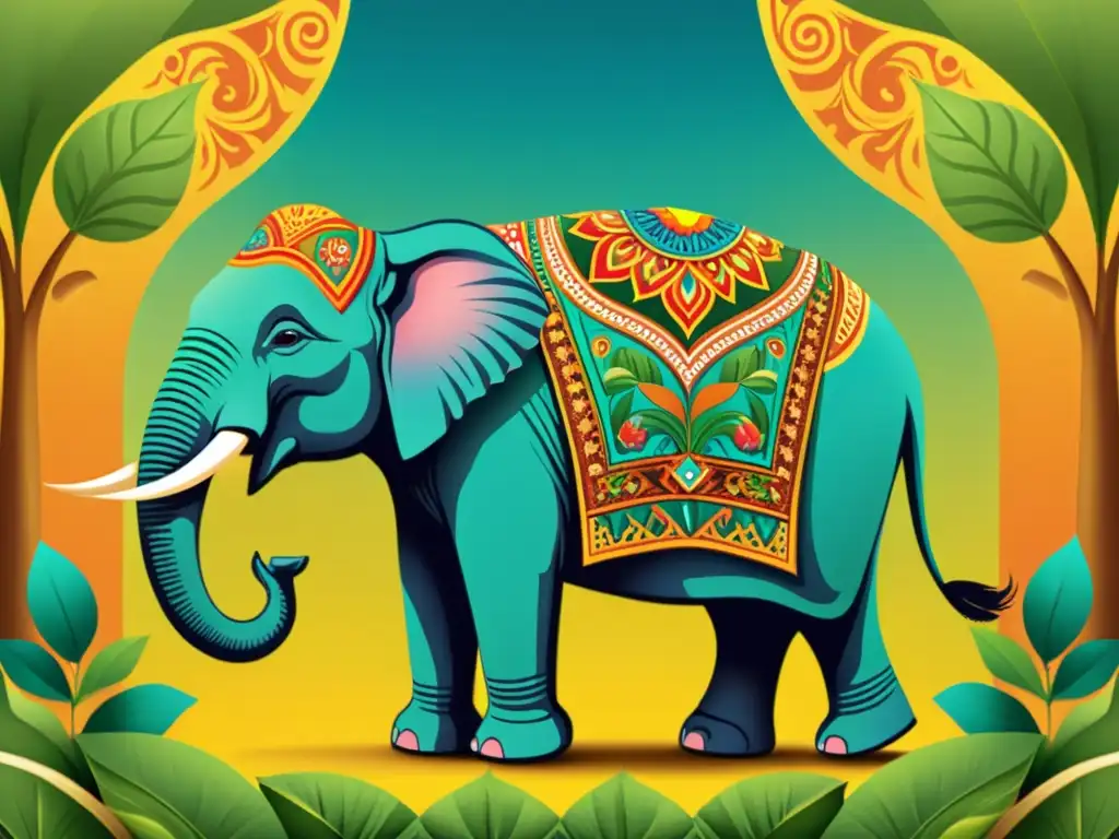 Ilustración vibrante de animales junto a un sabio elefante, evocando tradición india y Enseñanzas filosóficas del Panchatantra