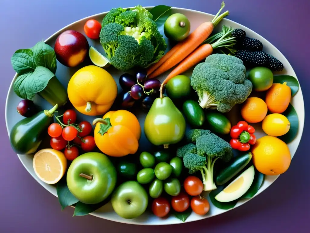 Vibrante arreglo de frutas y verduras en patrón jainista, reflejando los principios de alimentación consciente jainista con variedad y detalle natural