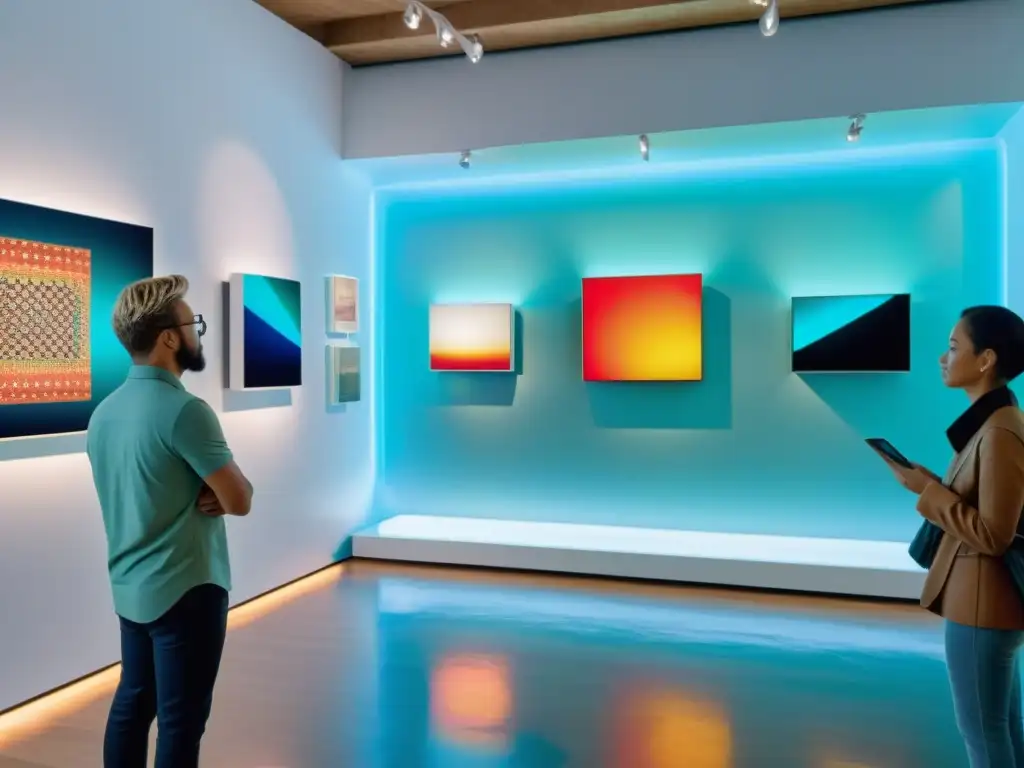 Vibrante galería de arte con estética de Blockchain Tecnología Distribuida, fusionando arte y tecnología en un ambiente futurista y cautivador