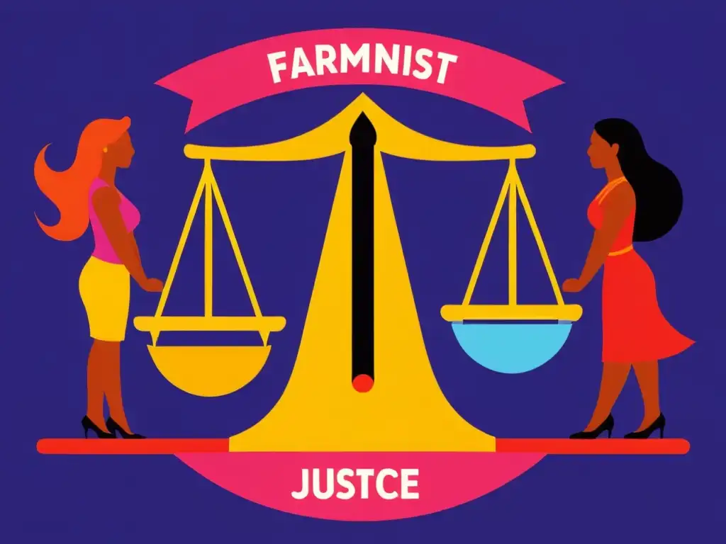 Una ilustración vibrante de una balanza con símbolos patriarcales en un lado y mujeres empoderadas en el otro, representando la crítica feminista a las teorías tradicionales de justicia