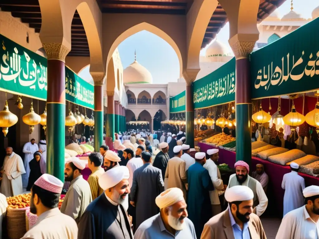 Vibrante bazar en una ciudad del Medio Oriente, reflejando las enseñanzas parábolas Sufis Nasrudin con colores y arquitectura