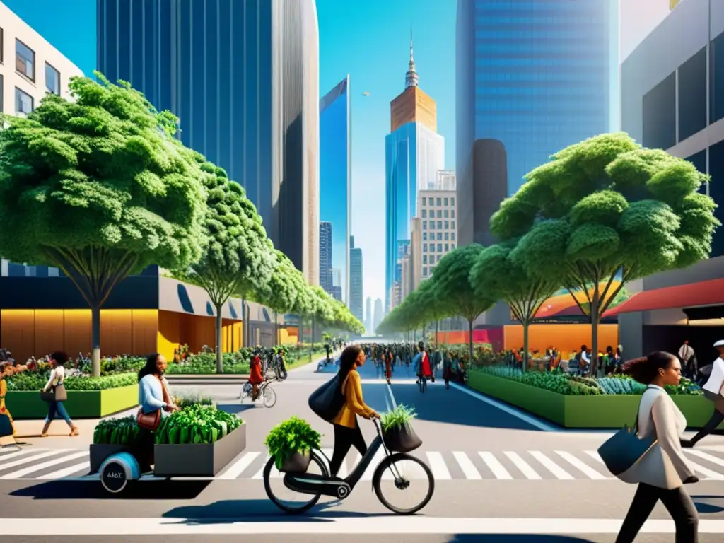 Vibrante calle urbana con gente diversa, bolsas reutilizables y bicicletas, rodeada de rascacielos con jardines y paneles solares, promoviendo inversiones sostenibles y ética económica