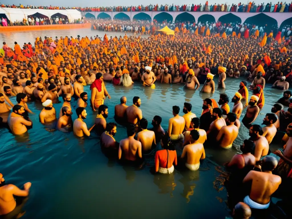 Vibrante caos del festival Kumbh Mela en la India, con devotos en el sagrado río Ganges, captura la espiritualidad hindú y la documentación