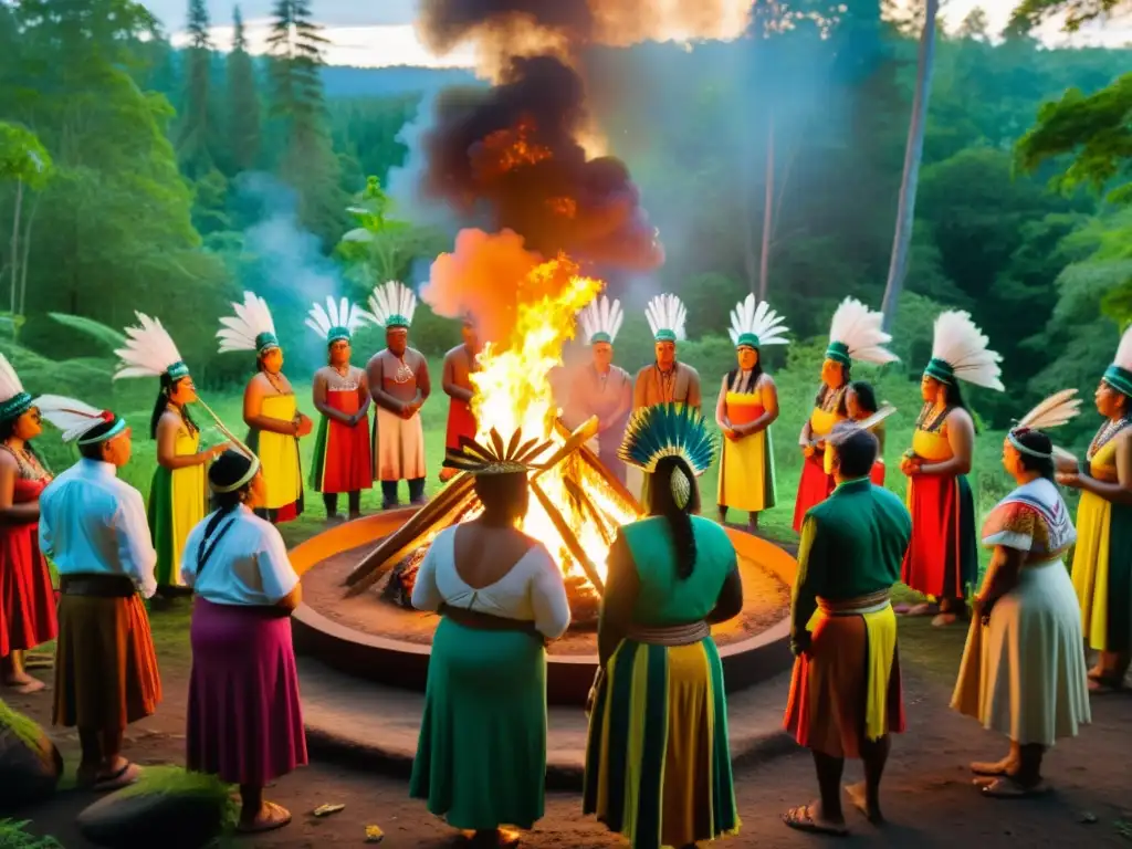 Una vibrante ceremonia indígena en el bosque con danzas rituales alrededor de una fogata, transmitiendo una rica espiritualidad y filosofía indígena