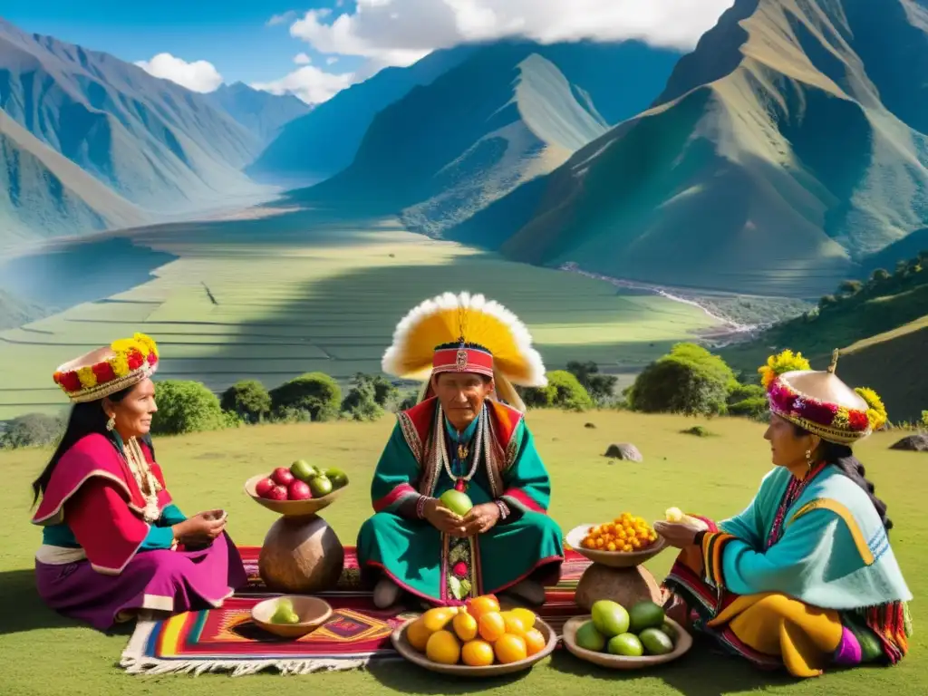 La vibrante ceremonia de Inti Raymi en una comunidad andina, con atuendos coloridos y un chamán dirigiendo el ritual entre montañas verdes
