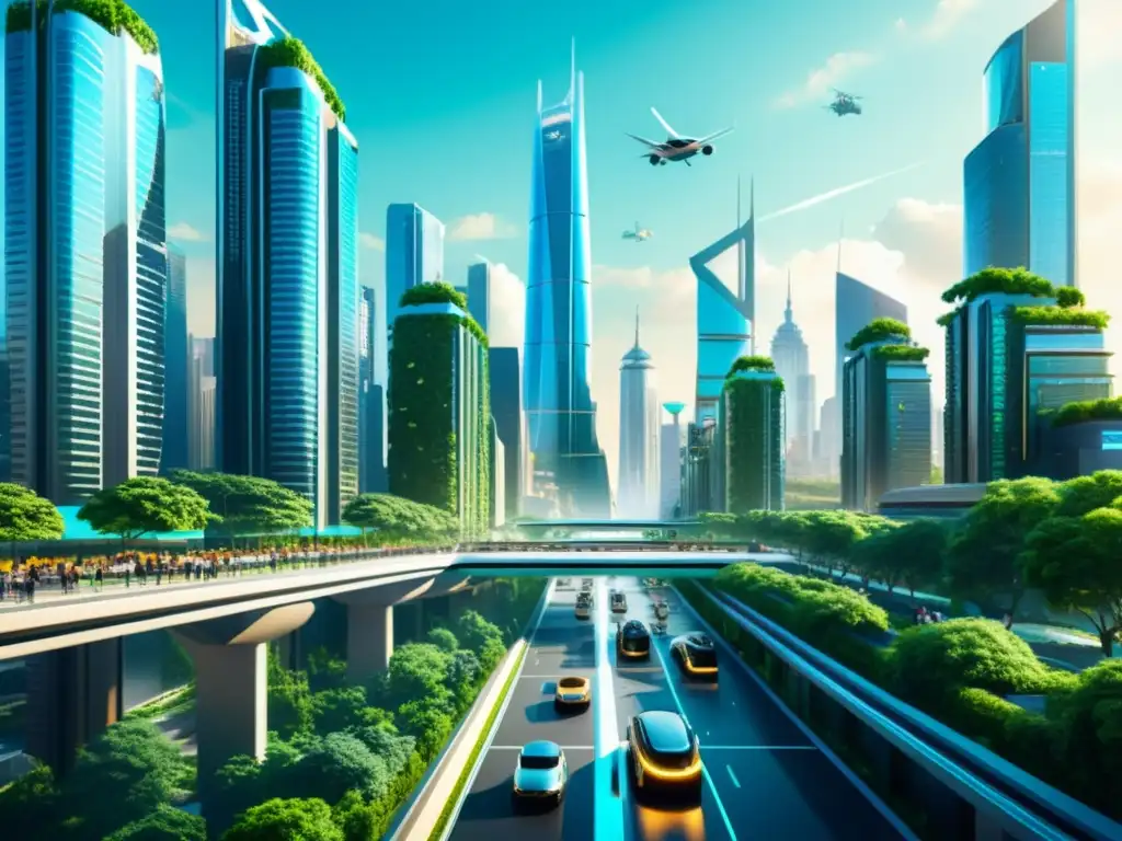 Vibrante ciudad futurista sin Estado, con tecnología avanzada y naturaleza integrada en el paisaje urbano