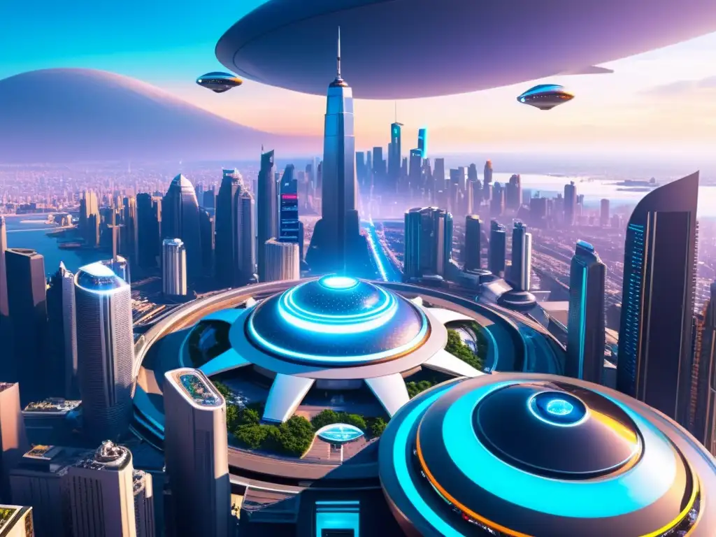 Vibrante ciudad futurista con rascacielos, autos voladores y moda vanguardista