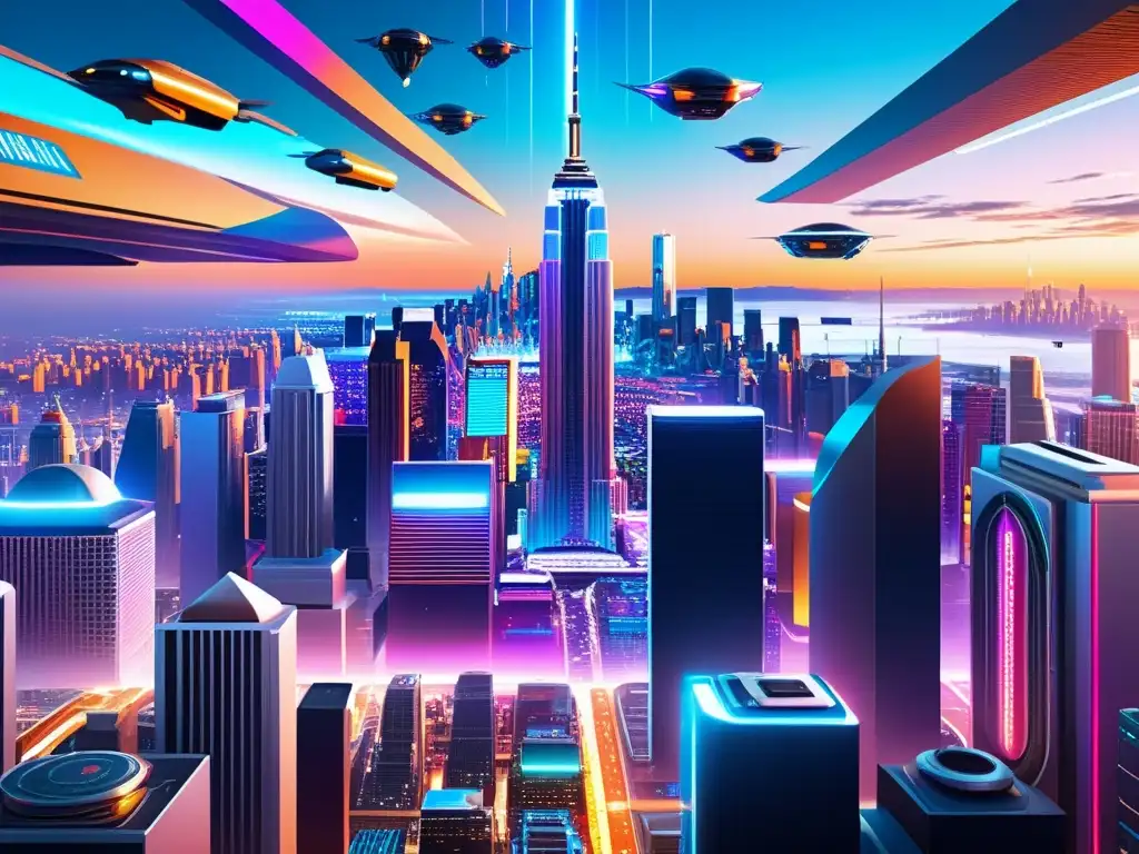 Vibrante ciudad futurista con tecnología avanzada, hologramas y vehículos voladores