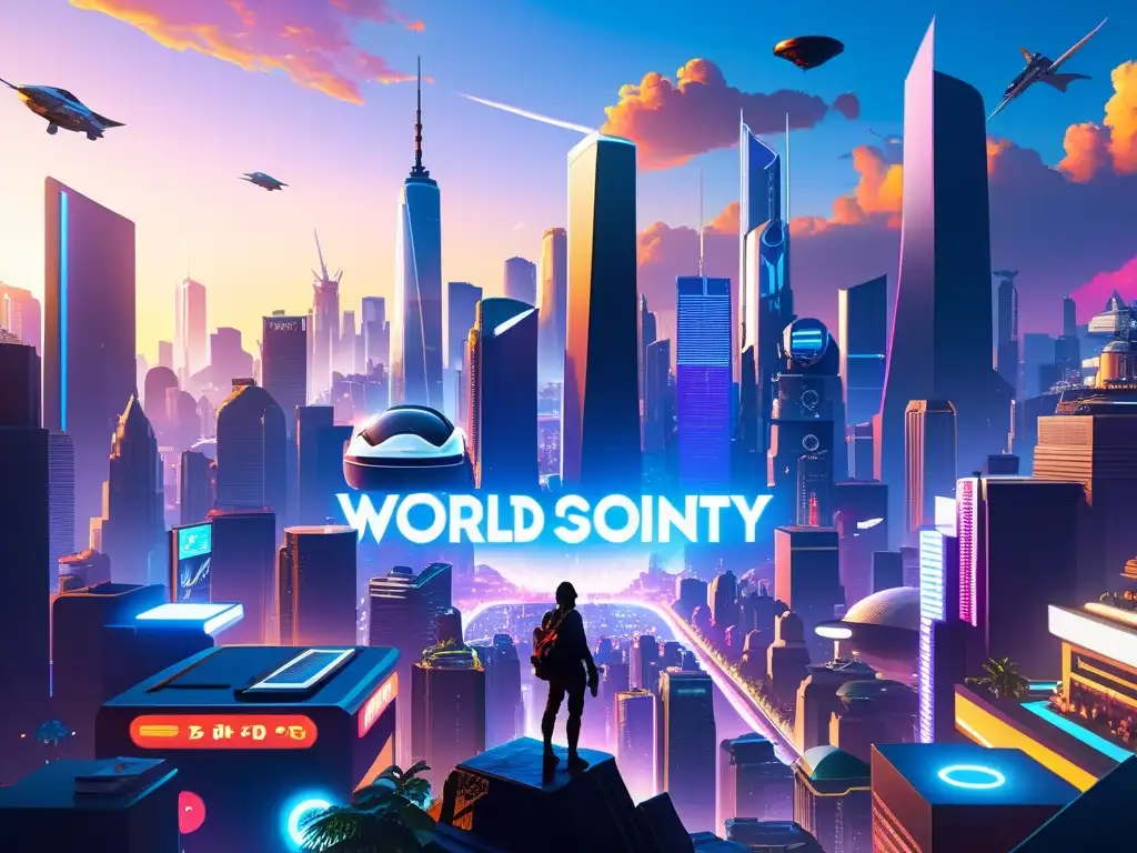 Vibrante ciudad futurista en videojuego, reflejando la autonomía filosófica y la libertad de exploración