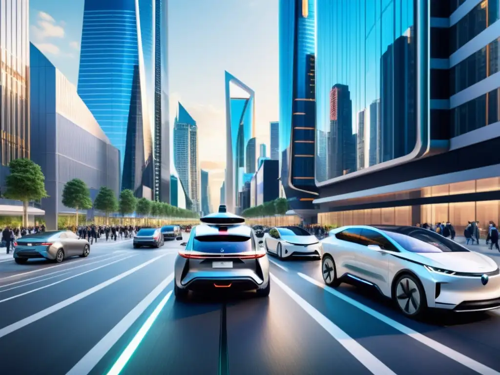 Vibrante ciudad del futuro con rascacielos y autos autónomos, reflejando la integración de la tecnología en la vida diaria