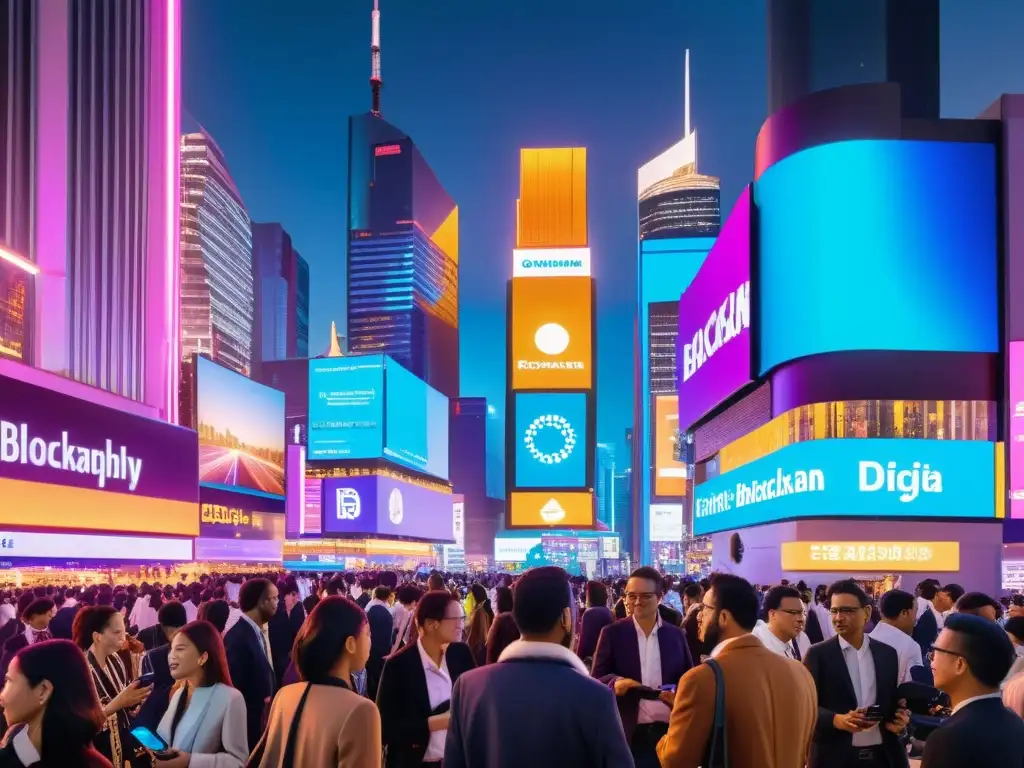 Vibrante ciudad nocturna con rascacielos futuristas iluminados por luces de neón, gente realizando transacciones digitales y debate sobre blockchain en la inversión filosofía