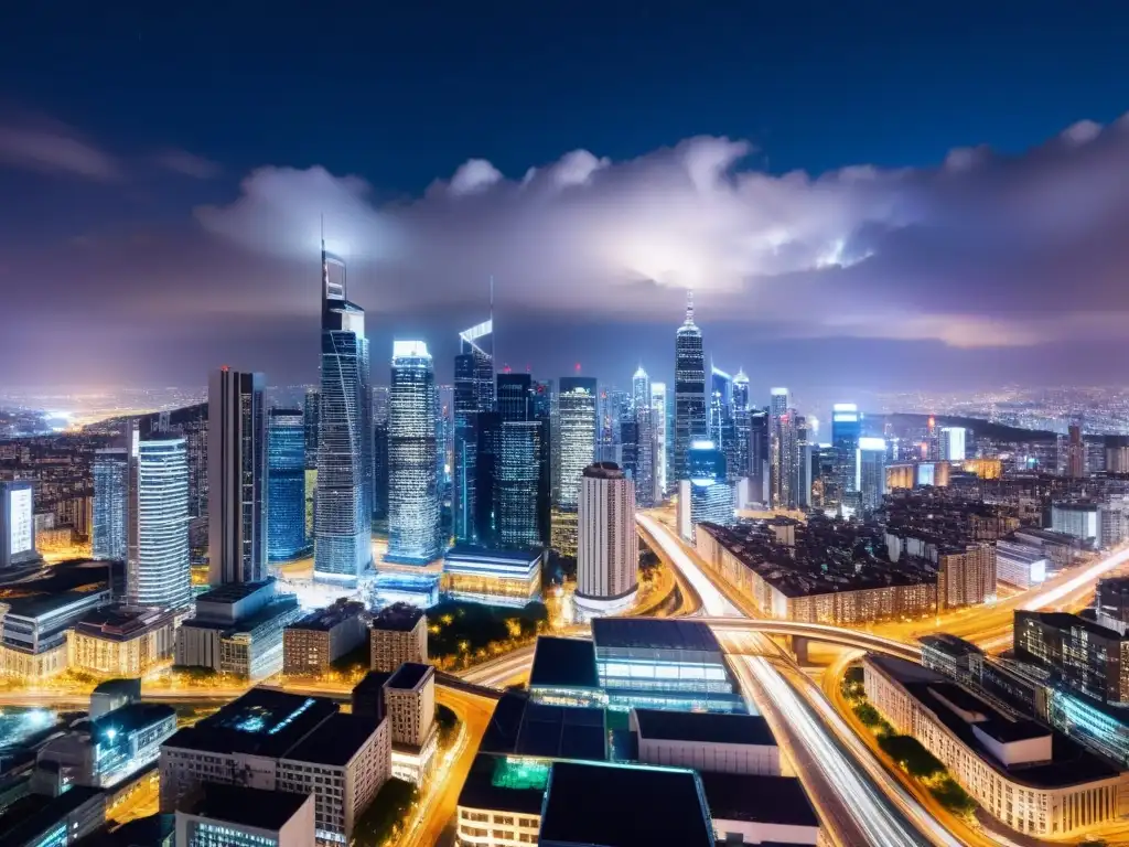 Vibrante ciudad nocturna con rascacielos iluminados y movimiento, capturando el enfoque ético sostenibilidad negocios