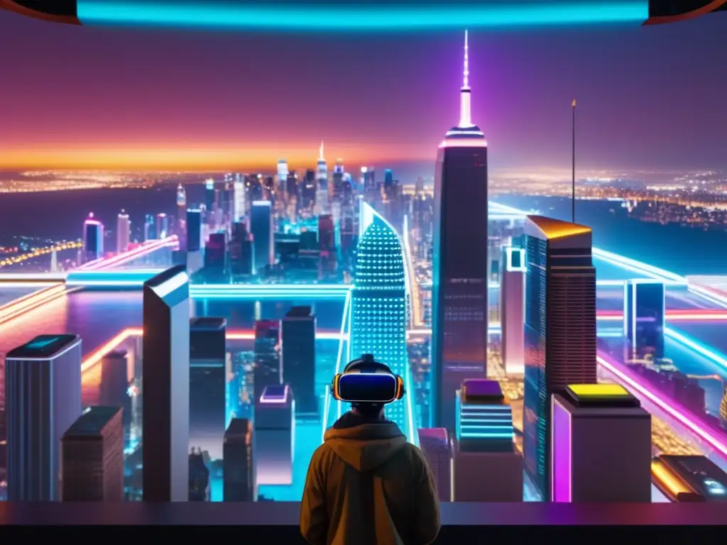 Vibrante ciudad nocturna con skyscrapers futuristas iluminados, personas usando headsets de realidad virtual y arte digital en constante cambio