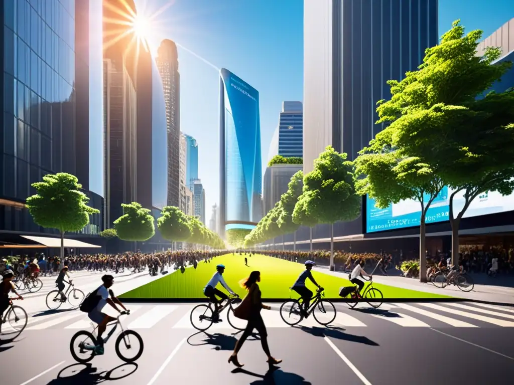 Vibrante ciudad sostenible con gente, ciclistas y edificios modernos