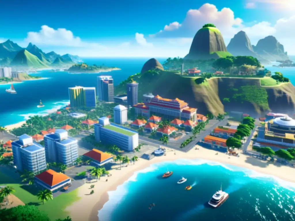 Vibrante ciudad virtual en Tropico 6, con edificios detallados, diversa población y ambiente utópico