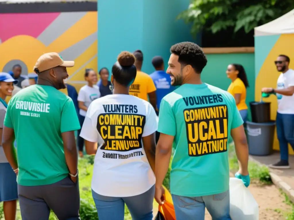 Vibrante comunidad participa en limpieza con camisetas de marketing responsable