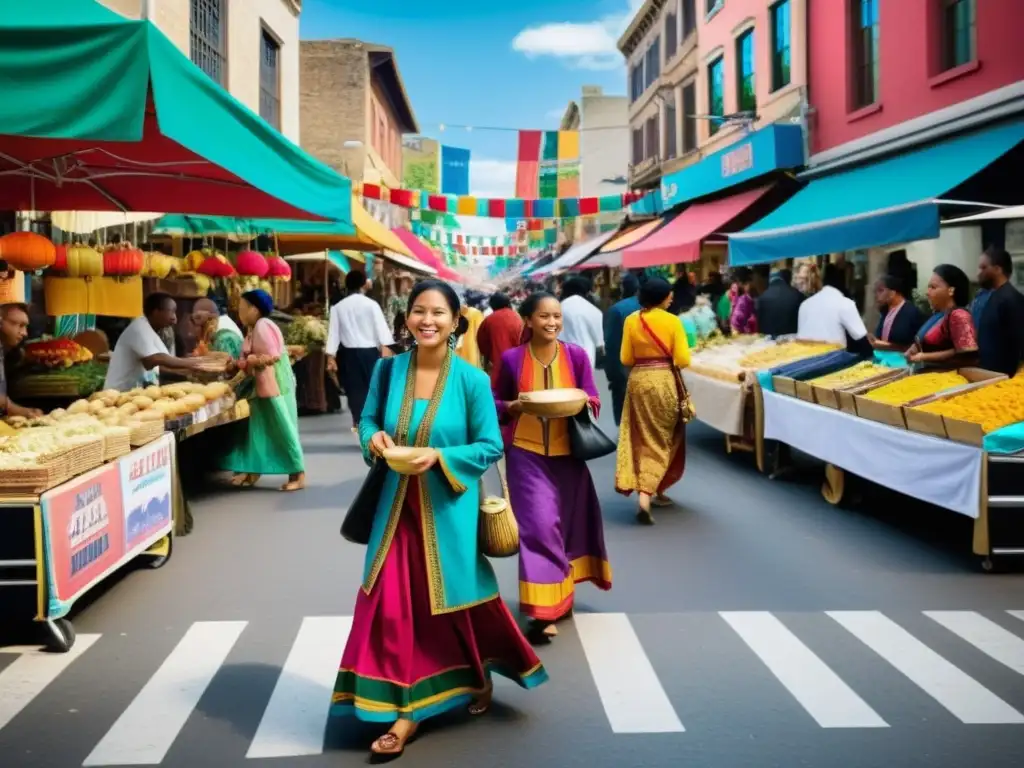 Un vibrante crisol de culturas en una bulliciosa calle urbana, donde coexisten tradiciones, colores y sabores