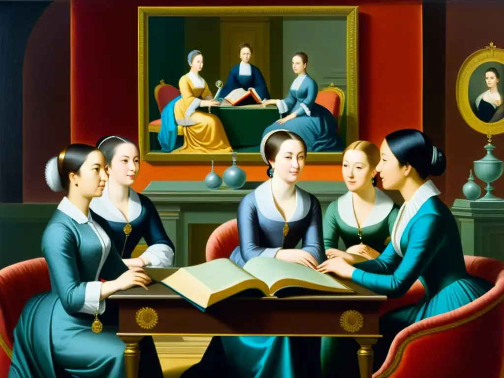 Un vibrante cuadro de mujeres ilustradas en la historia, reunidas en un salón del siglo de las luces, debatiendo con pasión y sabiduría
