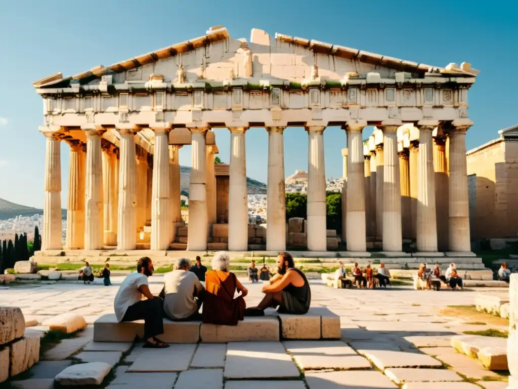 Vibrante debate filosófico en la antigua Atenas, con el Parthenon de fondo