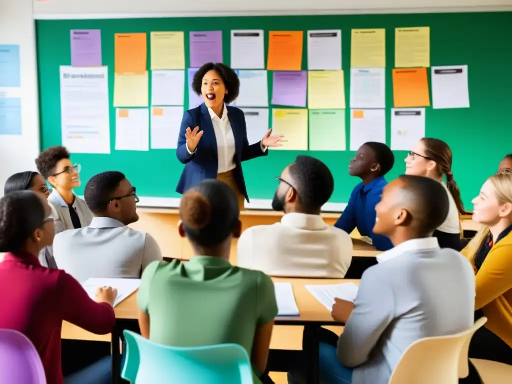 Vibrante debate filosófico en aula iluminada con carteles educativos