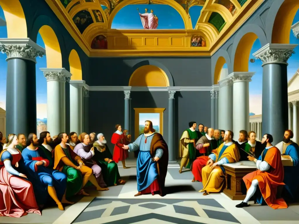 Vibrante debate filosófico en el Renacimiento: sabios en majestuoso salón con detalles clásicos