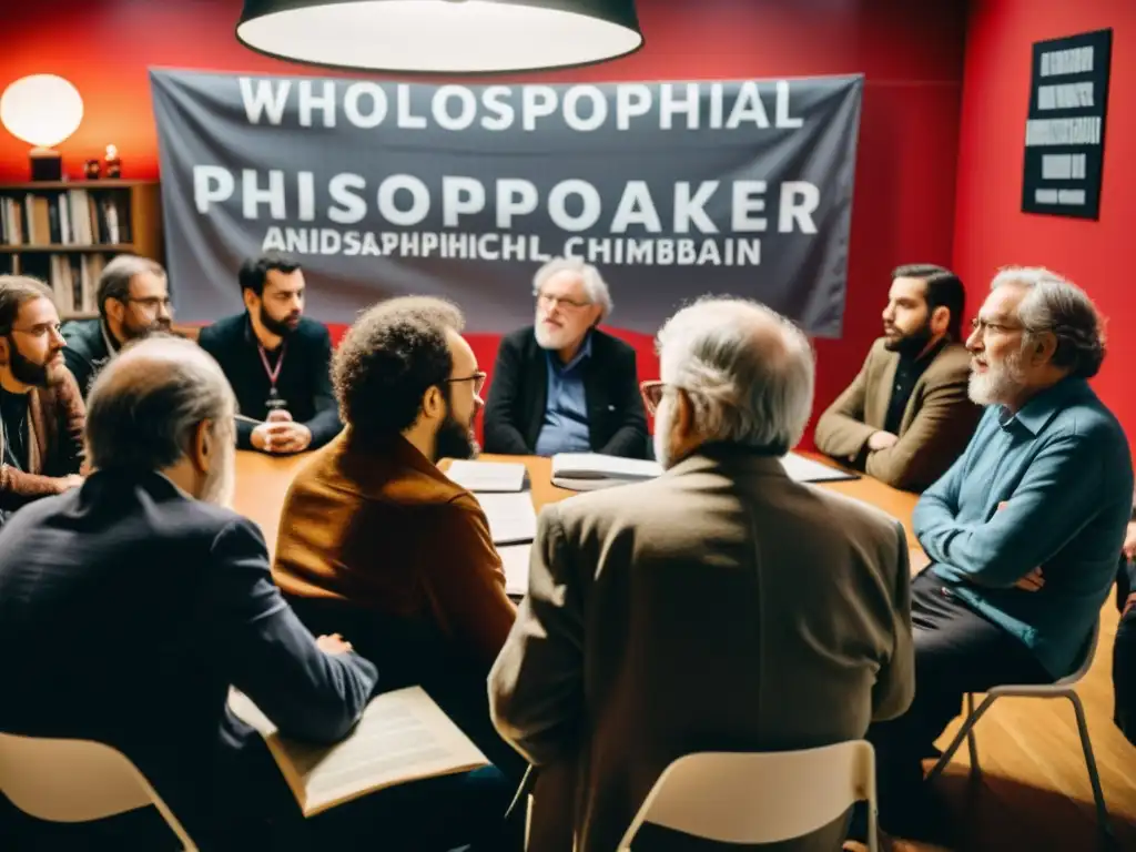 Vibrante debate entre filósofos y activistas en una sala repleta de libros, banderas anarquistas y posters de Bakunin y Chomsky