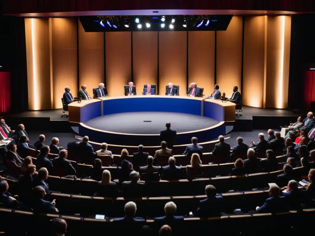 Vibrante debate político en un auditorio tenso y emocionante, con políticos apasionados en el escenario y una audiencia atenta