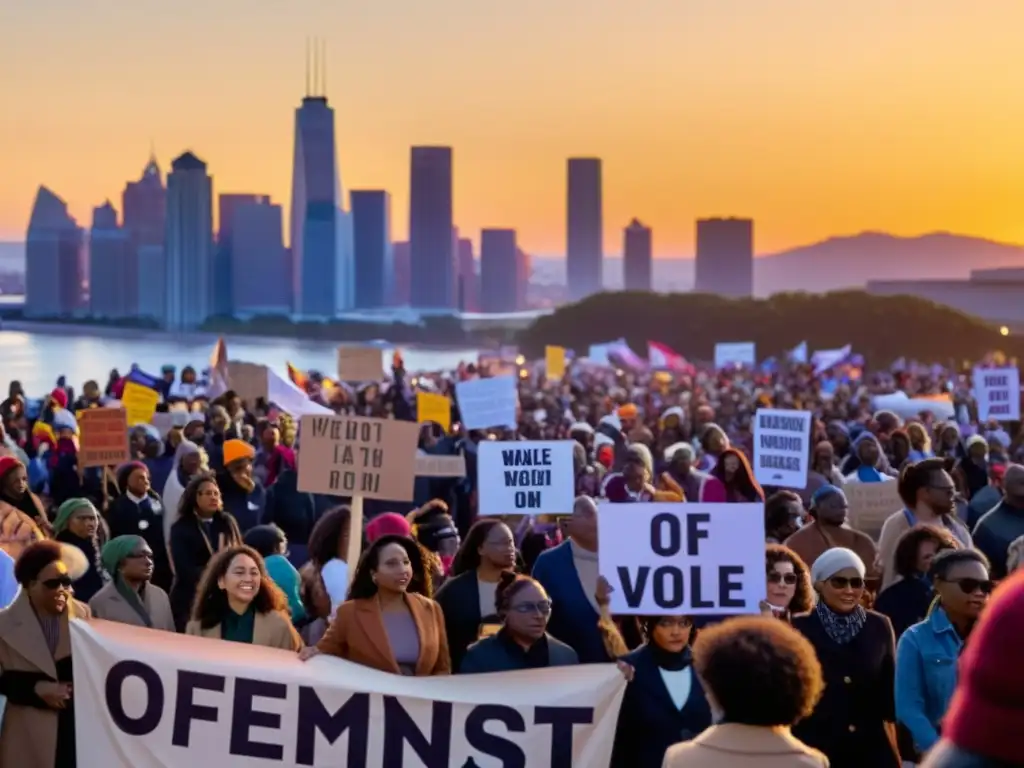 Un vibrante desfile feminista al atardecer, con mujeres diversas portando pancartas y vistiendo atuendos representativos, transmite una poderosa energía de empoderamiento y solidaridad