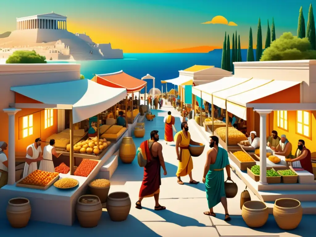Vibrante ilustración digital 8k de un bullicioso mercado griego antiguo, donde filósofos discuten y ciudadanos realizan sus actividades diarias