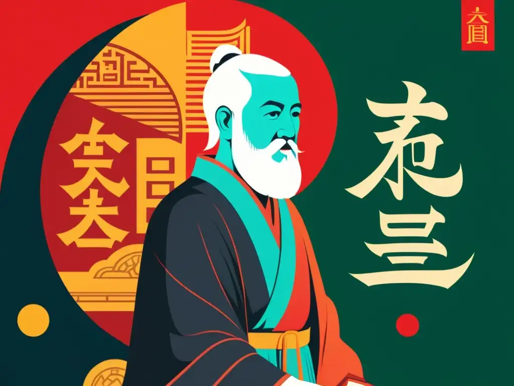 Vibrante ilustración digital que representa el principio de contradicción en el pensamiento dialéctico de Aristóteles y la tradición china, con colores contrastantes y una composición dinámica