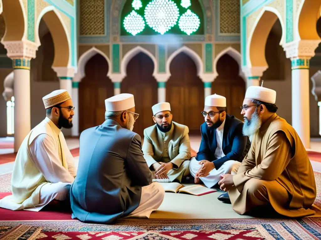Vibrante discusión de eruditos musulmanes sobre ética, guerra y paz en una hermosa mezquita