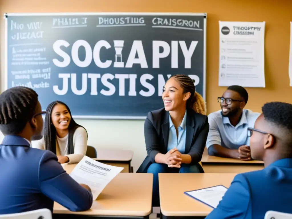 Vibrante discusión de estudiantes en un aula de filosofía, promoviendo la enseñanza de filosofía para justicia social