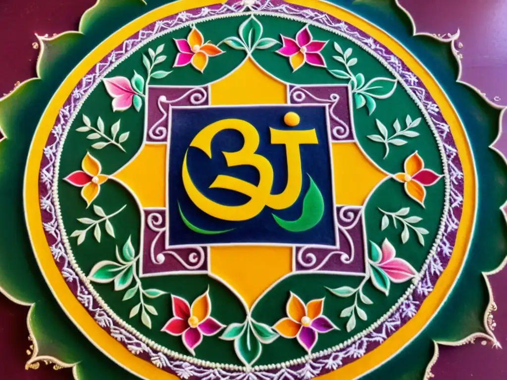 Un vibrante diseño de rangoli jainista con motivos tradicionales y colores festivos, simbolizando el significado de festivales jainistas