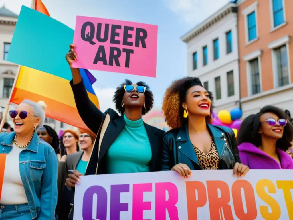 Un vibrante y diverso grupo participa en una manifestación artística estética Queer, desafiando normas de género con pasión y energía