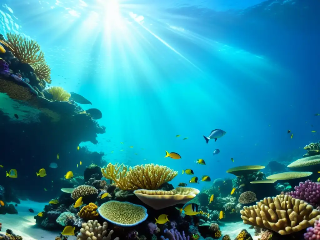 Un vibrante ecosistema de arrecife de coral, reflejando la sostenibilidad y diversidad marina en una escena visualmente impresionante