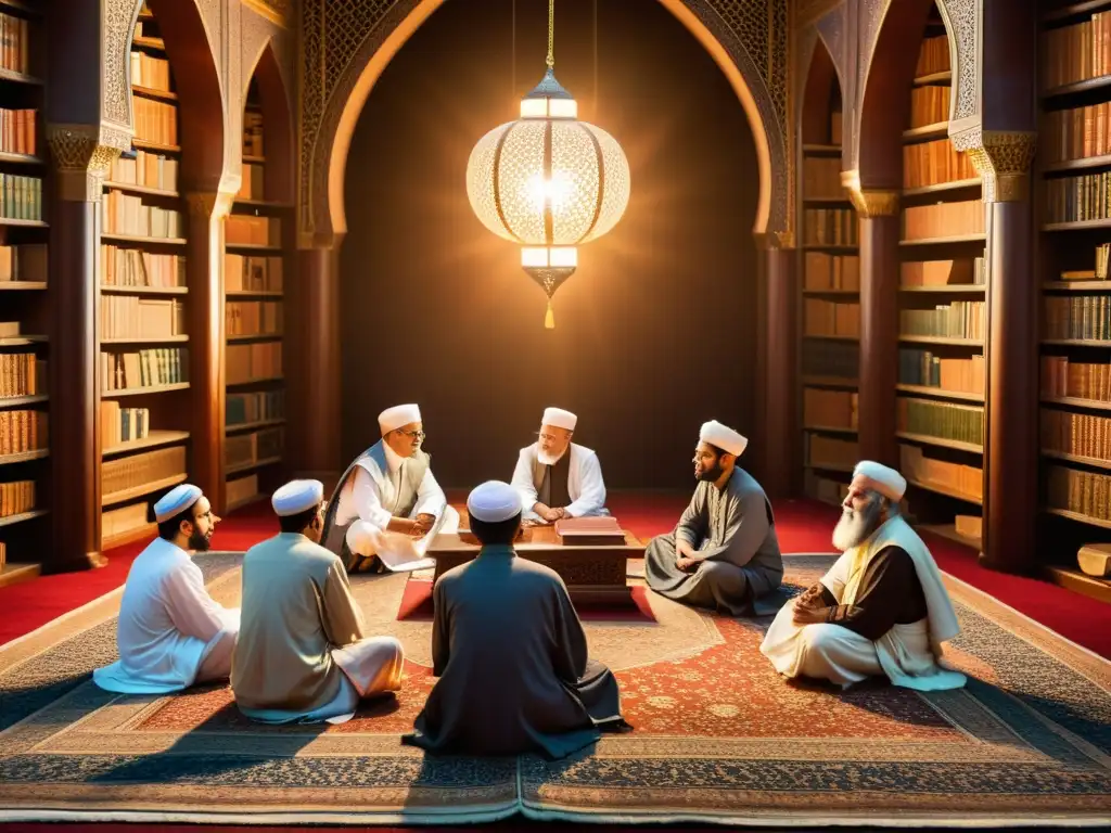Un vibrante encuentro de eruditos en un entorno islámico tradicional, debatiendo ideas