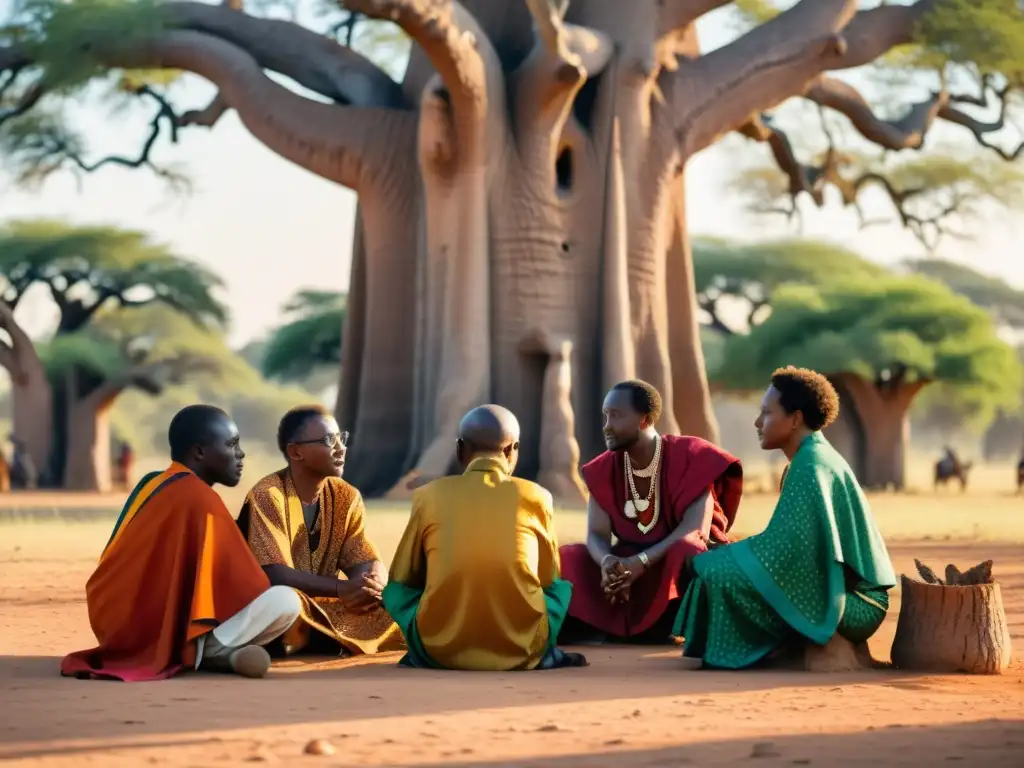 Un vibrante encuentro de filósofos africanos debatiendo bajo un baobab, con símbolos culturales