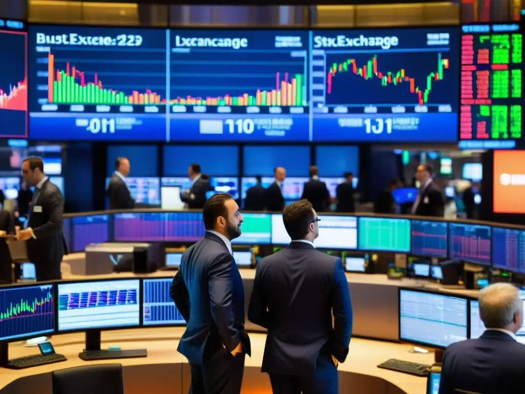Vibrante escena de la bolsa de valores con traders y gráficos, reflejando la mentalidad de crecimiento en inversiones