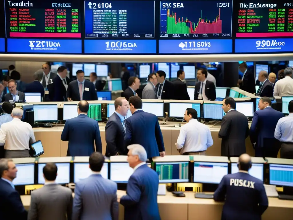Vibrante escena de la bolsa de valores, reflejando el individualismo de los inversores en el mercado, en línea con la filosofía de Nietzsche