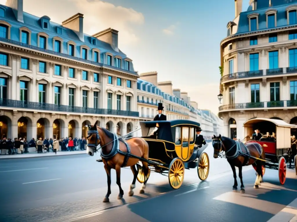 Vibrante escena de la Ilustración en París: bulliciosa calle del siglo XVIII con carruajes, peatones elegantes y majestuosos edificios